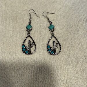 Silver Cactus Dangle Earrings with Turquoise Accents